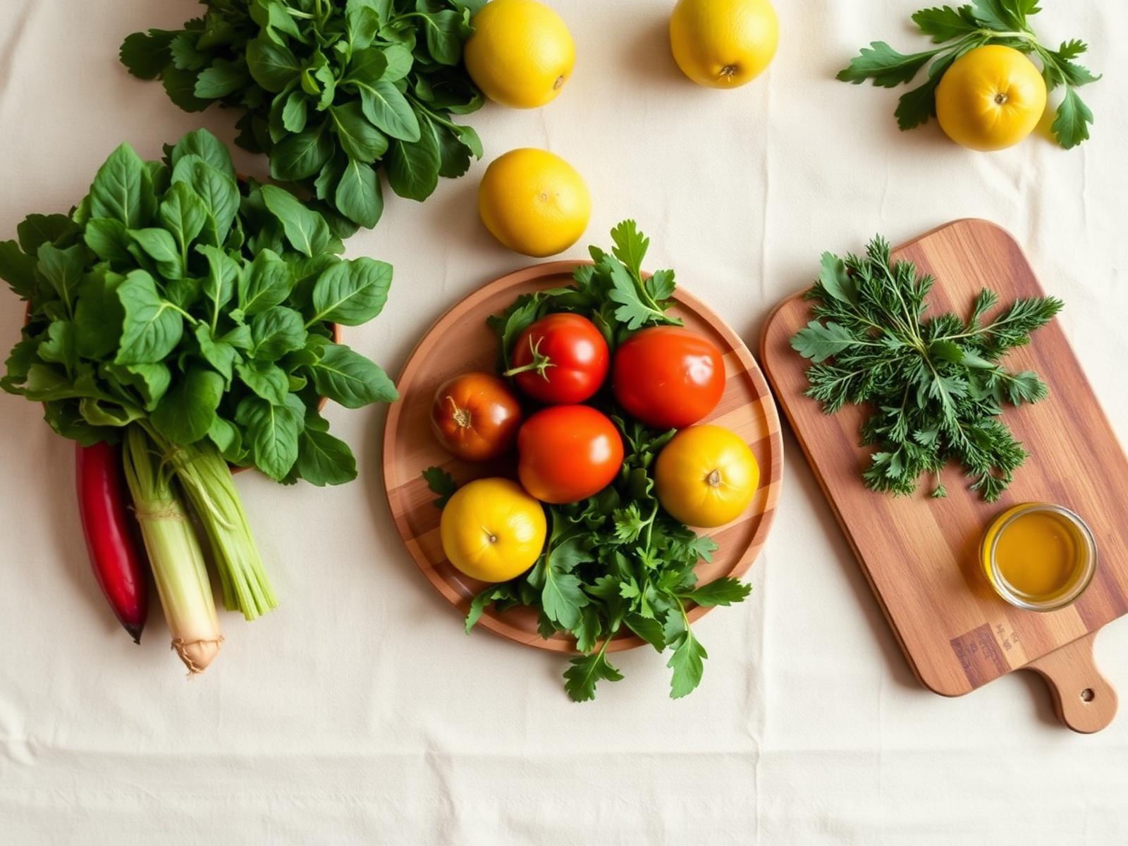 A pantry flat lay of greens, lemons, herbs and olive oil